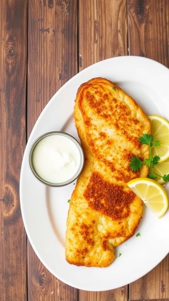 Crispy air fryer fish fillet with lemon wedges and parsley on a white plate.